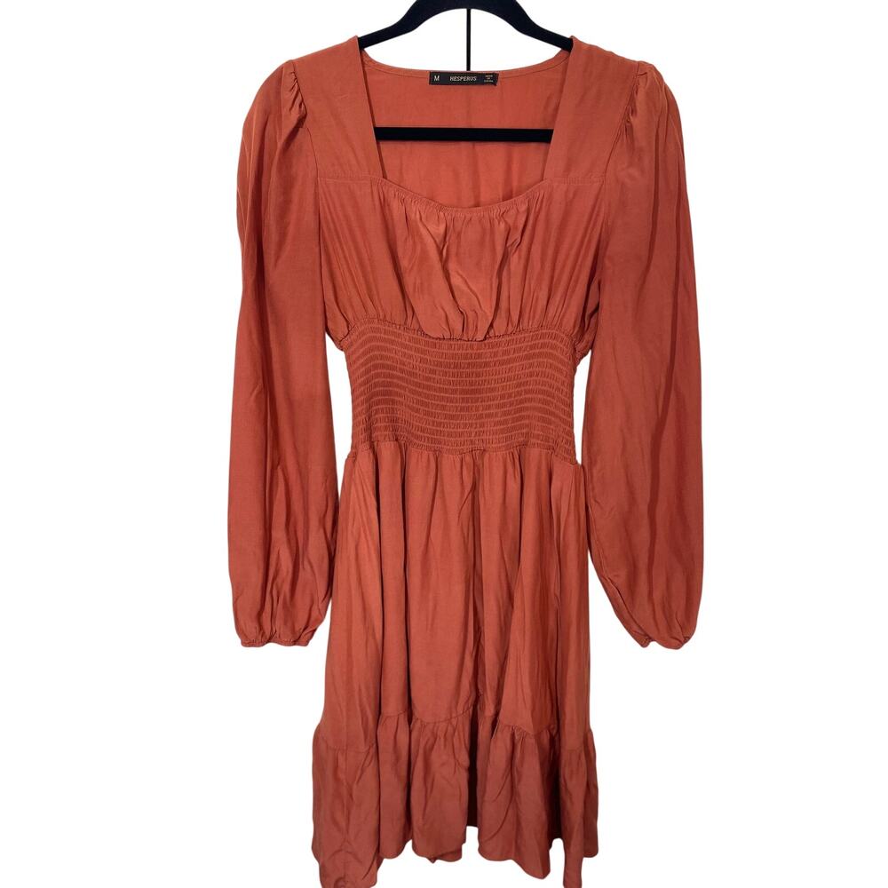 Hesperus Rust Long Sleeve Square Neck Mini Dress • Cinched Waist • Medium